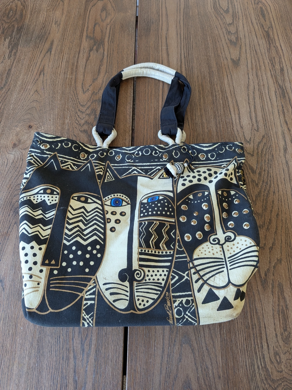 Laurel Burch Large Beige/Black Cat Print Canvas Tote Bag Purse Zip Closure